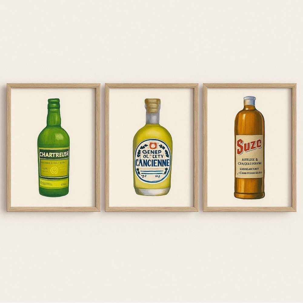 Vintage Liquor Bottle Art Prints - Set of 3